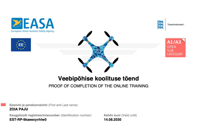Сертификат пилота EASA A1/A3 — Зоя Паю